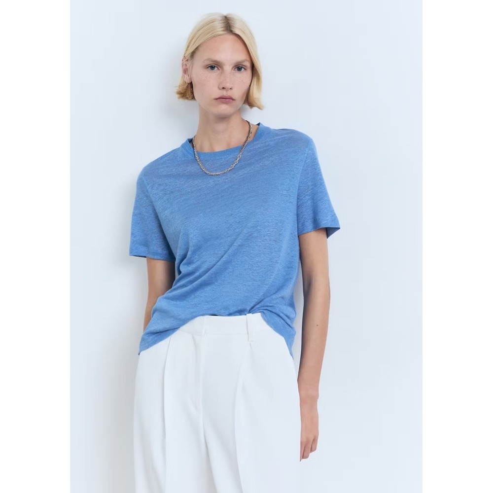 MNG Mango Women Blue 100% Linen Short Sleeve Crew Neck T-Shirt Size S
